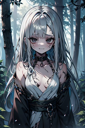 white hair, black eyes, dirty and poor black kimono, sad face, lost, sad smile, slave, chains, bangs, in the forest at night, high quality, absurd, the human who longed for freedom, long hair, masterpiece, excellent quality, excellent quality, perfect face,teenager, small breasts, 16 year old appearance,scars, depressed, poor, torn clothes.


