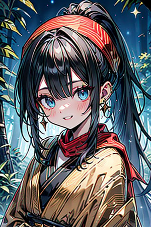 black hair, blue eyes, yellow Kimono
 outfit with black edges, a red scarf with gold stripes, the edges have small golden touches, friendly face, a black spandex that covers her entire body, headscarf, killer, happy smile , bangs, in the forest at night, masterpiece, star earrings, detailed, high quality, absurd, the strongest human of all, bringer of the world's hope, hair in ponytail,black lycra, masterpiece, excellent quality, excellent quality, perfect face.

