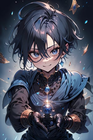 Man, dark blue hair, blue magician tunica, wide pants, friendly face, comedian, black gloves, happy smile, masterpiece, detailed, high quality, absurd, killer, prediction magician, very short hair, masterpiece, excellent quality , excellent quality, perfect face.



