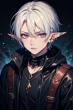 man, white hair, thief clothes, a siscon, arrogant, silly, serious, masterpiece, high quality, 4k, very good resolution,Fade cut for men, blue eyes,Elf's ears,poor,nose piercing, mouth piercing, ear piercing,delinquent, thug,torn black jacket, murderer's clothes, inelegant and dirty clothes, medieval thief clothing
