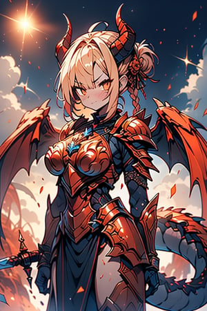 dragon wings, scaly skin, bright blonde hair, arrogant, serious, powerful, mother of the Yuumil, goddess of order, strongest dragon goddess, proud, goat horns, red horns, dragon hands, dragon legs, covered body by scales, armor, short hair, big wings, dragonborn, goddess of order and battles, masterpiece, detailed, high quality, absurd, very high resolution, good quality image, high definition, serious face, annoying, warrior, Order ,good quality eyes, high resolution eyes, defined eyes, sharp eyes, orange eyes, armor that covers everything,face with good resolution,breast armor,orange armor,hair up with braids,dragon tail,over the sun, sword of order with a orange glow, radiant figure,magma armor,1 dragon tail only one,perfect face.

