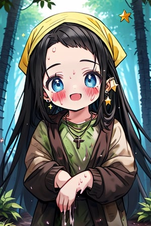 black hair, blue eyes, yellow attush, friendly face, headscarf, little girl, happy smile, bangs, in the forest at night, masterpiece, star earrings, detailed, high quality, absurd , strongest human being of all, bearer of the hope of the world, long hair, necklace of scales,perfect face,8 year old girl,
,best quality,Poor thing, dirty clothes, mud on the face.
