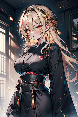 Blonde, long hair, golden eyes, asshole, man, strong, friendly, antisocial, long black kimono, silly, warrior, perfect face, good quality, excellent quality, masterpiece, trap, big breasts

