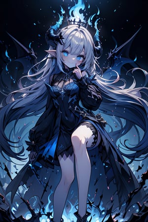 blue hair, deep blue eyes, aura of dark power, the primordial of the underworld, goddess of flames, sadistic, pointed ears, blue dress with white edges, right hand of lucifer, primordial goddess, masterpiece, very good quality, excellent quality , perfect face, small breasts, evil smile, egocentric, eyes with blue flames, horns, long sleeve, miniskirt, gothic, very long hair, emanates the power of destruction, adult, clothes burning with blue fire

