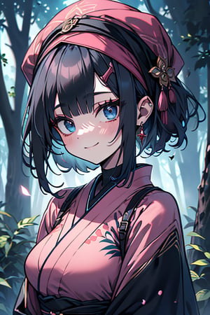 dark blue hair, blue eyes, pink kimono outfit with black edges, friendly face, a black spandex that covers his entire body, headscarf, killer, happy smile, bangs, in the forest at night, masterpiece, detailed, high quality, absurd, the strongest human of all, bringer of the world's hope, short hair, black lycra, masterpiece, excellent quality, excellent quality, perfect face, medium breasts

