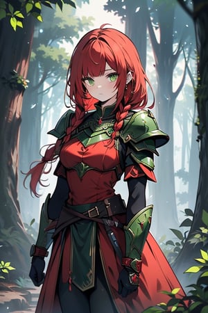 noble woman, princess, red hair, long braid, green armor covering her body, forest, medium chest, warrior, druid, green eyes, red dress, medium combat skirt, good quality, masterpiece, hight.
