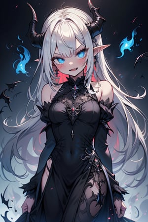 white hair, deep blue eyes, aura of dark power, the most powerful being in the world, queen of darkness, lost look, pointed ears, black dress with blue borders, killer of gods, the one who I finished with Lucifer, incarnation of the dragon gods, masterpiece, very good quality, excellent quality, perfect face,small breasts, serious and arrogant face, quiet, kuudere, eyes with blue flames, looking down, as if she were on top of the world,horns, vampire fangs, fake goddess, bare shoulders, long skirt, gothic.
