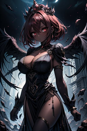 The queen of the abyss, queen costume, dark red hair, short hair, long dress close to the body, black eyes, the fastest woman in the world, tall, powerful, crown, the supreme empress, masterpiece, good quality, excellent quality , good resolution. Penetrating, expressive eyes and an athletic, powerful figure that reflects her skill in combat, pure darkness, alone, she is the darkness, the night, no light is seen, dark room, skin gray as ash, dark skin.
