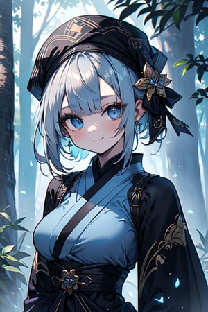 white blue hair, blue eyes, blue kimono outfit with black edges, friendly face, a black spandex that covers his entire body, headscarf, killer, happy smile, bangs, in the forest at night, masterpiece, detailed, high quality, absurd, the strongest human of all, bringer of the world's hope, short hair, black lycra, masterpiece, excellent quality, excellent quality, perfect face, medium breasts

