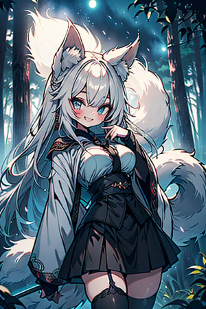 white hair, blue eyes, vintage style cape, friendly face, skirt, killer, happy smile, blows, in the forest at night, masterpiece, detailed, high quality, absurd, the most human force of all, bearer of hope world, long hair, black stockings, masterpiece, excellent quality, perfect face, medium breasts, kitsune ears, kitsune tail.

