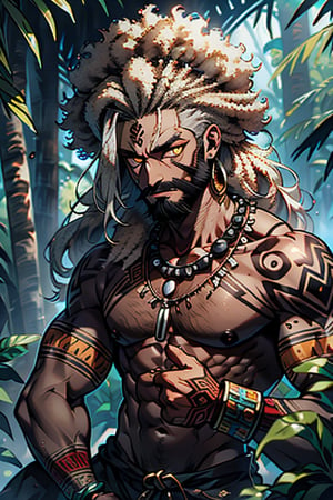 giant, muscular, ugly face, curly hair, black skin, Latin American, tribal clothing, mayan clothing, bone necklace, dark skin, tan, man, male, thick, golden eyes, yellow eyes, homeless, unfortunate, long dirty beard , skinny, malnourished, haggard face, crazy, silver hair, curly hair, jungle, tribal, Aztec, afro



