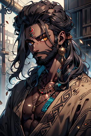 giant, muscular, ugly face, curly hair, black skin, Indian, tribal clothing, Mayan clothing, bone necklace.,dark skin,tan, man, masculine,  thick, golden eyes, yellow eyes, vagabond, unfortunate, long dirty beard.



