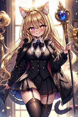 blonde, golden eyes, scholar, black jacket, elegant white, long golden stockings, confident smile, cat ears, 1 cat tail, nekomata, arrogant, narcissite, the most intelligent woman in the world, bearer of the eyes of knowledge, the combat genius, laughter, masterpiece, good quality, excellent quality, AIR_BETWEEN_EYES, STAFF, golden eyes, the pride fairy, long hair, perfect face, bright pupils (finely detailed). beautiful eyes,
