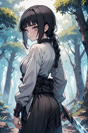 kind woman, black hair, medium hair, hair in braid down to her back, a single braid, dirty clothes, warrior, beast tamer, the killer of gods, black eyes, old clothes, alone, forest, kind smile, innocent, breasts small, tall woman, amazon, samurai, gray kimono jacket ideal for combat, wide pants, happy, friendly, good person, katanas sheathed at her waist, masterpiece, good quality, swords well positioned at her waist, good hands, aquamarine belt.



,hinata(boruto),hinata (shippuden)