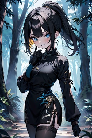 black hair, blue eyes, yellow qipao with black edges, friendly face, black pantyhouse, killer, happy smile, punches, in the forest at night, masterpiece, detailed, high quality, absurd, the strongest human of all, bearer of the hope of the world, hair in a ponytail, long sleeves, masterpiece, excellent quality, excellent quality, perfect face, small breasts, small, black gloves.
