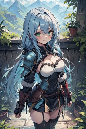 Woman with light blue hair, big, tall, the strongest warrior in the world, plate armor, cold jacket, pantyhouse, bracers, chest, green eyes, friendly, free spirit, religious, valley of plants, no bangs, long hair , charming smile, a wonderful person, medium breasts, long stockings,
