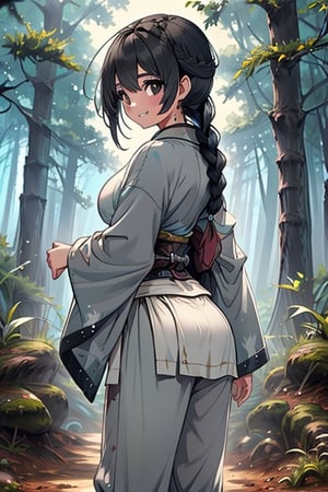 kind woman, black hair, medium hair, hair in braid down to her back, a single braid, dirty clothes, warrior, beast tamer, the killer of gods, black eyes, old clothes, alone, forest, kind smile, innocent, breasts small, tall woman, amazon, samurai, gray kimono jacket ideal for combat, wide pants, happy, friendly, good person,  masterpiece, good quality, swords well positioned at her waist, good hands, aquamarine belt.


