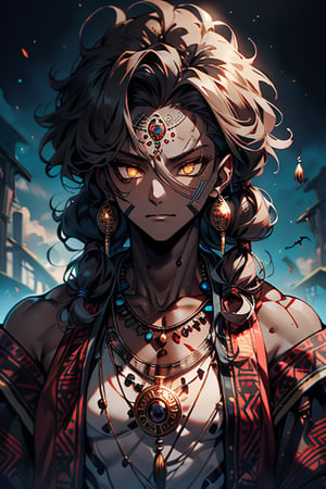 giant, muscular, ugly face, curly hair, black skin, Indian, tribal clothing, Mayan clothing, bone necklace.,dark skin,tan, man, masculine,  thick, golden eyes, yellow eyes


