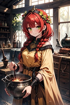 noble woman, princess, red hair, long braid, medium chest, blacksmith, druid, green eyes, yellow dress, good quality, masterpiece, height, blacksmith clothing, loved by nature, kind face, noble smile, leader, articles blacksmith, cauldron, blacksmith workshop.
