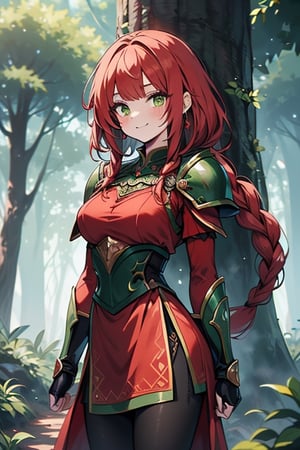 noble woman, princess, red hair, long braid, green armor covering her body, forest, medium chest, warrior, druid, green eyes, red dress, medium combat skirt, good quality, masterpiece, hight,black pantyhose,loved by nature, kind face, noble smile, leader.