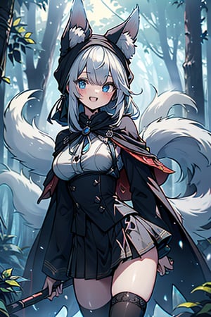 white blue hair, blue eyes, vintage style cape, friendly face, skirt, headscarf, killer, happy smile, blows, in the forest at night, masterpiece, detailed, high quality, absurd, the most human force of all , bearer of the hope of the world, long hair, black stockings, masterpiece, excellent quality, perfect face, medium breasts, kitsune ears, kitsune tail, 

