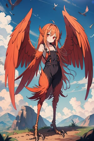 masterpiece, best quality, harpy, standing, They fit perfectly to her size due to the runes embedded in its fabrics,long hair, no hands,light orange hair, harpy wings, bird legs, bird hands, bird arms, harpy woman, bird woman, red eyes, orange wings, spread wings, (flat chest :1.1),farmer's clothes with an overall.
