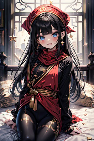 black hair, blue eyes, yellow babydoll with black edges, a red bandana with gold stripes, the edges have small gold touches, friendly face, a black spandex that covers her entire body, headscarf, killer, happy smile, bangs, masterpiece, star earrings, detailed, high quality, absurd, the strongest human of all, bearer of the world's hope, black lycra, masterpiece, excellent quality, excellent quality, perfect face, long hair, sexy pose, bed
