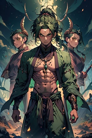 dark green hair, green eyes, hair in a ponytail, Buddhist, man, green robe, wide priest's pants, the strongest creature of all, the one sent by God, the shapeshifter, defined abdomen, masterpiece, perfect face, very good Quality, excellent quality, the warrior of the true gods, serious, warrior, monk
