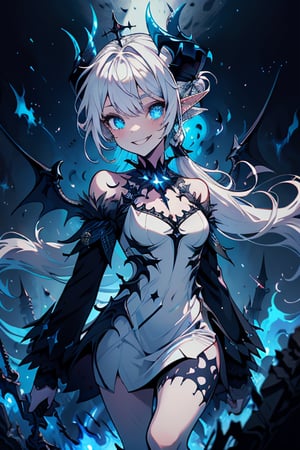 white hair, deep blue eyes, aura of dark power, the primordial of the underworld, goddess of flames, sadistic, pointed ears, white dress with blue edges, right hand of lucifer, primal goddess, masterpiece, very good quality, excellent quality , perfect face, small breasts, evil smile, egocentric, eyes with blue flames, horns, long sleeve, miniskirt, gothic, two pigtails, emanates the power of destruction
