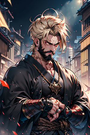 Blonde, short hair, golden eyes, asshole, male, strong, friendly, antisocial, long black kimono, goofy, warrior, perfect face, good quality, excellent quality, masterpiece, burly, ring beard

