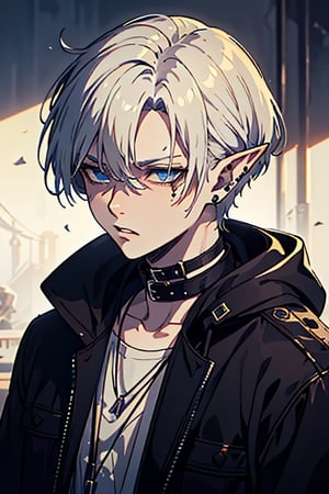 man, white hair, thief clothes, a siscon, arrogant, silly, serious, masterpiece, high quality, 4k, very good resolution,Fade cut for men, blue eyes,Elf's ears,poor,nose piercing, mouth piercing, ear piercing,delinquent, thug,torn black jacket, murderer's clothes, inelegant and dirty clothes.