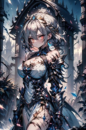 blonde, golden eyes, angry look, long hair, desert knight, hates magic, silver sword that reflects a blue color that traps magic, genie, white dress that reaches to her thighs, armor on her hands, legs and arms , gray and white Dress, Warrior appearance, warrior, strong woman, black metal parts, magic metal shoulder pads, scars all over her body, shiny magic metal armor with a blue crystal on her chest,masterpiece, good quality, excellent quality, perfect face.
