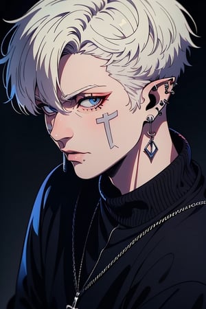 man, white hair, thief clothes, a siscon, arrogant, silly, serious, masterpiece, high quality, 4k, very good resolution, elf ears, poor, nose piercing, mouth piercing, ear piercing , criminal, thug, murderer's clothes, short_hair, man.,1boy