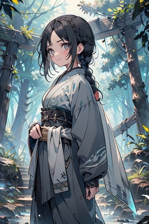 kind woman, black hair, medium hair, hair in braid down to her back, a single braid, dirty clothes, warrior, beast tamer, the killer of gods, black eyes, old clothes, alone, forest, kind smile, innocent, breasts small, tall woman, amazon, samurai, gray kimono jacket ideal for combat, wide pants, happy, friendly, good person,  masterpiece, good quality, swords well positioned at her waist, good hands, aquamarine belt.


