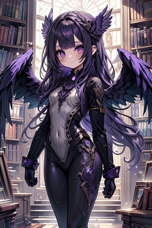 bird wings, purple hair, long hair, teenager, 14 years old, genius, the smartest woman in the world, confident, purple eyes, no bangs, wizard combat suit, black leggings, magic library, lover of knowledge, capricious, enthusiastic, slight smile, protective of her family, masterpiece, good quality, very good quality, excellent quality, perfect face, Amazon woman, brown wings, big wings, wavy hair, small woman, loli.
