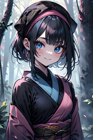 dark blue hair, blue eyes, pink kimono outfit with black edges, friendly face, a black spandex that covers his entire body, headscarf, killer, happy smile, bangs, in the forest at night, masterpiece, detailed, high quality, absurd, the strongest human of all, bringer of the world's hope, short hair, black lycra, masterpiece, excellent quality, excellent quality, perfect face.
