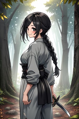 kind woman, black hair, medium hair, hair in braid down to her back, a single braid, dirty clothes, warrior, beast tamer, the killer of gods, black eyes, old clothes, alone, forest, kind smile, innocent, breasts small, tall woman, amazon, samurai, gray kimono jacket ideal for combat, wide pants, happy, friendly, good person, katanas sheathed at her waist, masterpiece, good quality, swords well positioned at her waist, good hands, aquamarine belt, teenager, 15 years old.