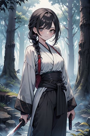 kind woman, black hair, medium hair, hair in braid down to her back, a single braid, dirty clothes, warrior, beast tamer, the killer of gods, black eyes, old clothes, alone, forest, kind smile, innocent, breasts small, tall woman, amazon, samurai, gray kimono jacket ideal for combat, wide pants, happy, friendly, good person, katanas sheathed at her waist, masterpiece, good quality, swords well positioned at her waist, good hands.



