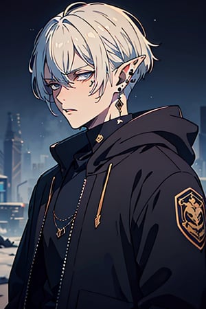 man, white hair, thief clothes, a siscon, arrogant, silly, serious, masterpiece, high quality, 4k, very good resolution,Fade cut for men, blue eyes,Elf's ears,poor,nose piercing, mouth piercing, ear piercing,delinquent, thug,torn black jacket, murderer's clothes, inelegant and dirty clothes, medieval thief clothing
