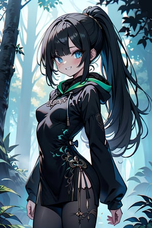 black hair, blue eyes, yellow qipao with black edges, friendly face, black pantyhouse, killer, happy smile, bangs, in the forest at night, masterpiece, detailed, high quality, absurd, the strongest human of all, bearer of the hope of the world, hair in a ponytail, long sleeves, masterpiece, excellent quality, excellent quality, perfect face, small breasts, flat breasts, hood.
