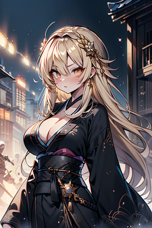 Blonde, long hair, golden eyes, asshole, man, strong, friendly, antisocial, long black kimono, silly, warrior, perfect face, good quality, excellent quality, masterpiece, trap, big breasts

