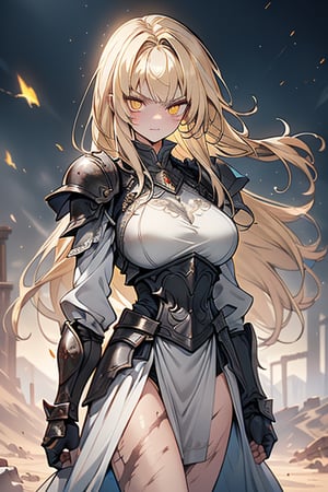 blonde, golden eyes, angry look, long hair, desert knight, hates magic, candys a long elegant white tunic, armor on her hands, legs and arms, gray and white dress, appearance of a warrior, strong woman, scars all over the body, golden eyes, perfect face, very good quality, masterpiece, excellent quality.,yellow eyes,blonde hair