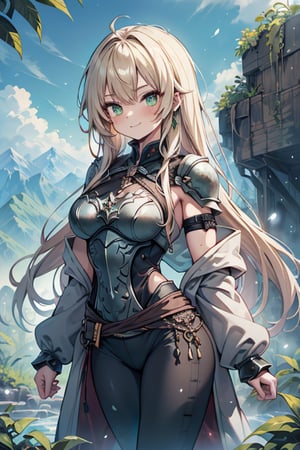 Woman with light blonde hair, big, tall, the strongest warrior in the world, plate armor, cold jacket, pantyhouse, bracers, chest, green eyes, friendly, free spirit, religious, valley of plants, no bangs, long hair , charming smile, a wonderful person, medium breasts, long stockings, long pants, long robe
