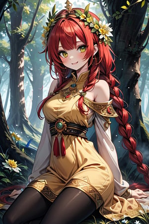 noble woman, princess, red hair, long braid, forest, medium chest, warrior, druid, green eyes, yellow dress,  good quality, masterpiece, hight,black pantyhose,loved by nature, kind face, noble smile, leader,green flower priestess costume,  flower crown.
