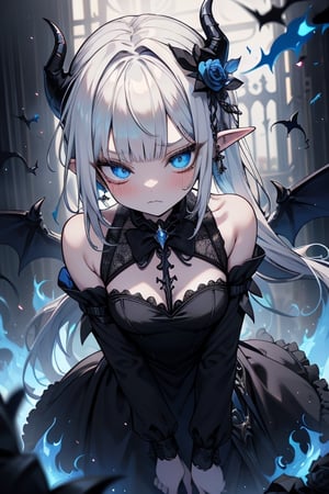 white hair, deep blue eyes, aura of dark power, the most powerful being in the world, queen of darkness, lost look, pointed ears drooping pointing downwards, black dress with blue edges, killer of gods, the one who killed Lucifer, incarnation of the gods dragons, masterpiece, very good quality, excellent quality, perfect face, small breasts, serious face, dazed, calm, kuudere, eyes with blue flames, looking down, as if on top of the world, horns, fake goddess, bare shoulders, gothic, Mullet Bangs, staring, sad expression, blue roses in her hair and her dress,emanates the power of chaos within her,black sclera,black bow tie, domino dresses from the Victorian era.