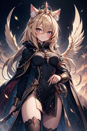 blonde, golden eyes, scholar, golden sorceress robe, queen's crown, long black stockings, smile, cat ears, 1 cat tail, nekomata, arrogant, narcissite, the most intelligent woman in the world, bearer of the eyes of knowledge , the genius of combat, laughter, masterpiece, good quality, excellent quality, AIR_BETWEEN_EYES, golden eyes, the fairy of pride, long hair, perfect face, bright pupils, (beautiful finely detailed eyes), metal dress, indomitable warrior, king's white cape, infinite swords.
