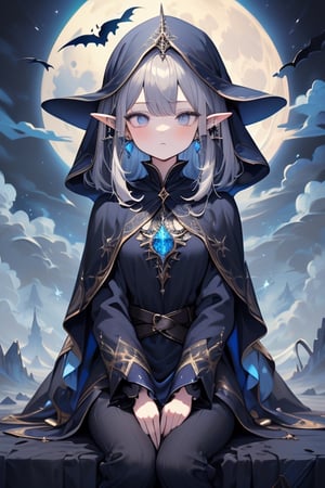 gray hair with blue tones, black witch clothes, moon earrings, gray eyes, dark circles, sleepy, dream witch, pointy ears, elf,  medium hair., veil.,breakdomain