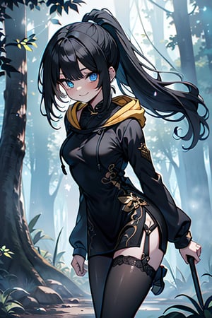 black hair, blue eyes, yellow qipao with black edges, friendly face, black pantyhouse, killer, happy smile, bangs, in the forest at night, masterpiece, detailed, high quality, absurd, the strongest human of all, bearer of the hope of the world, hair in a ponytail, long sleeves, masterpiece, excellent quality, excellent quality, perfect face, small breasts, flat breasts, hood.
