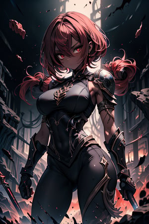 The queen of the abyss, formidable warrior, dark red hair, short hair, black combat lycra close to the body, black eyes, the fastest woman in the world, tall, powerful, red spear, masterpiece, good quality, Excellent quality, good resolution. Penetrating, expressive eyes and an athletic, powerful figure that reflects her combat prowess,  pure darkness, alone, she is the darkness, the night, no light is seen, dark room,skin gray as ash,dark skin.