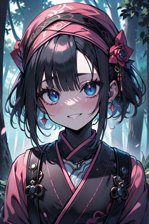 dark blue hair, blue eyes, pink kimono outfit with black edges, friendly face, a black spandex that covers his entire body, headscarf, killer, happy smile, bangs, in the forest at night, masterpiece, detailed, high quality, absurd, the strongest human of all, bringer of the world's hope, short hair, black lycra, masterpiece, excellent quality, excellent quality, perfect face.
